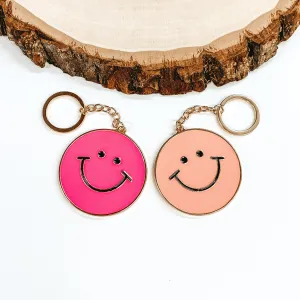 Circle Pendant Key Chain with Happy Face in Pink/Hot Pink