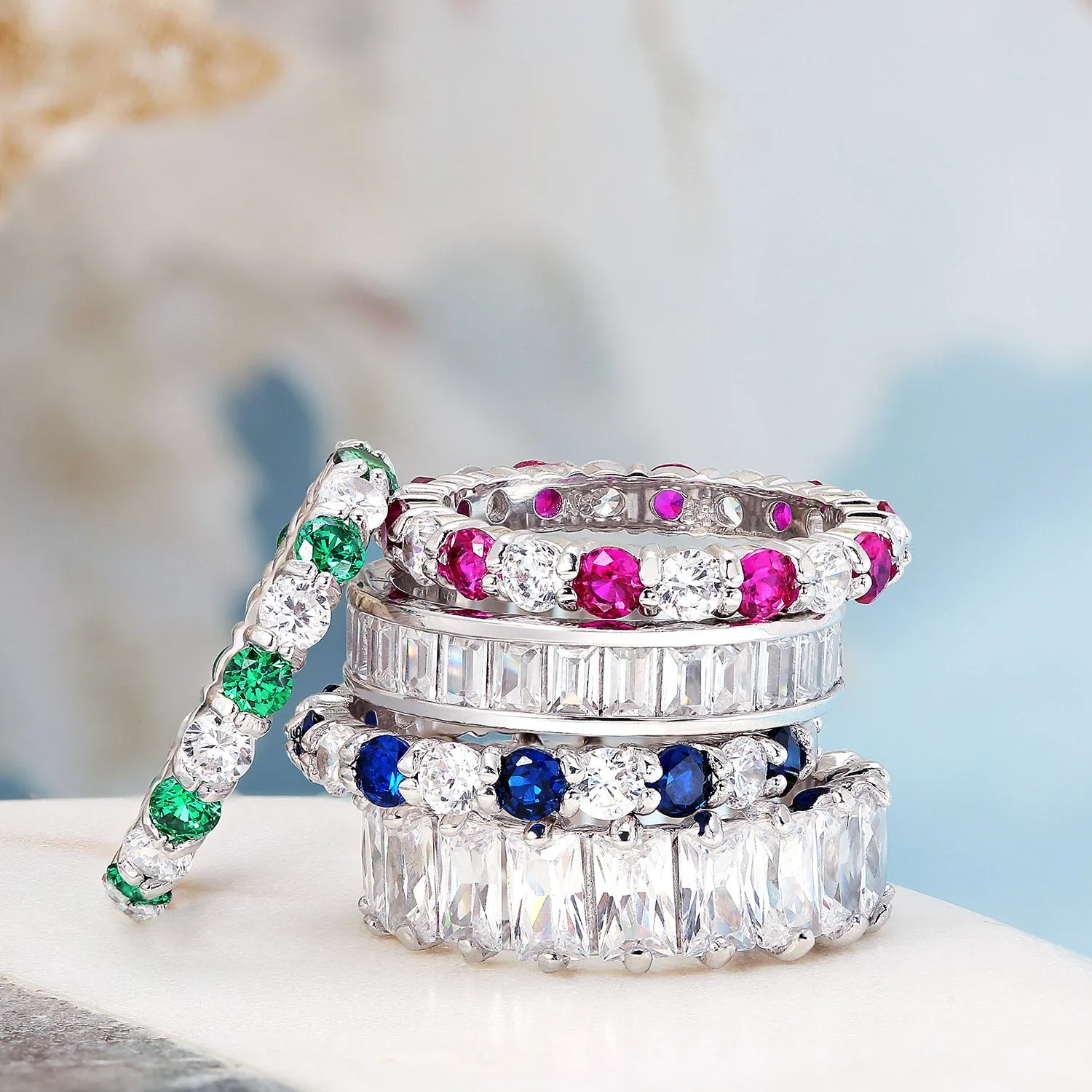 Cubic Zirconia Cocktail Statement Ring: Emerald Cut Baguette CZ Eternity Band