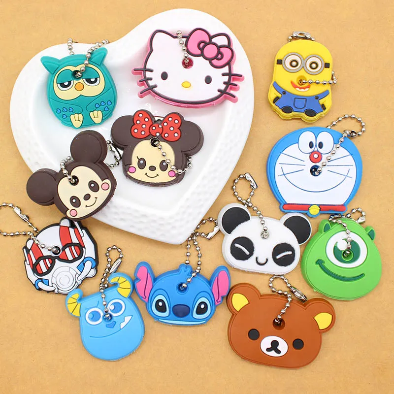 Cute Anime Cartoon Minion Key Cover Owl Bear Keychain Silicone Stitch Pendant porte clef Unisex Key Caps Minnie monster Chain