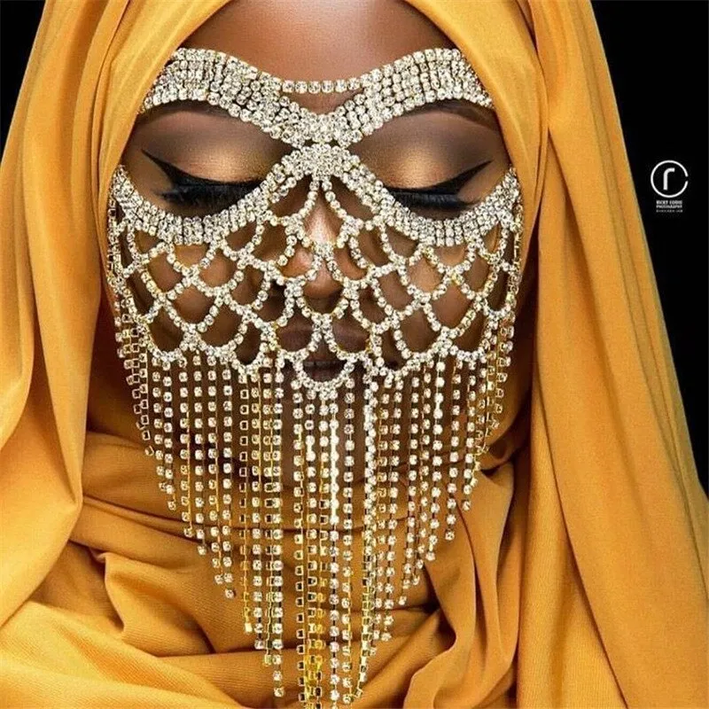 deanwangkt New Tassel Veil Masks Women Headwear Rhinestone Chains Face Mask Masquerade Dance Party Costume Sexy Face Accessories Jewelry