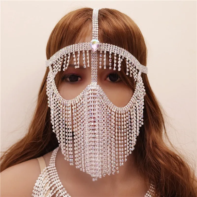 deanwangkt New Tassel Veil Masks Women Headwear Rhinestone Chains Face Mask Masquerade Dance Party Costume Sexy Face Accessories Jewelry