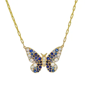 Diamond Sapphire Butterfly Pendant Necklace in 14k Yellow Gold