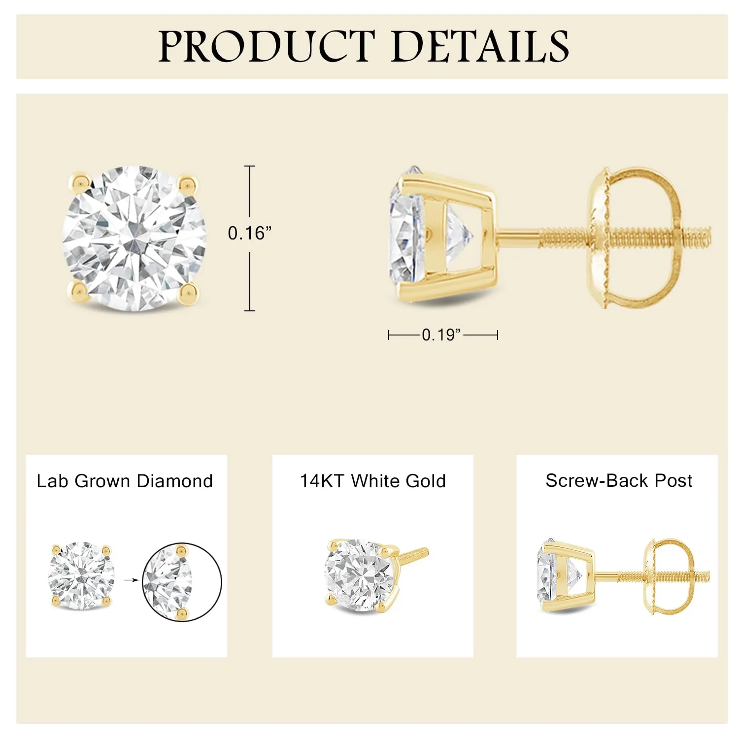 Everyday Elegance 14K Solid Yellow Gold Classic Four Prong Stud Earrings | Round Cut Lab Grown Diamond | Screw Back Posts | 1.0 CTW (E-F Color, VS2-SI1 Clarity) | With Gift Box