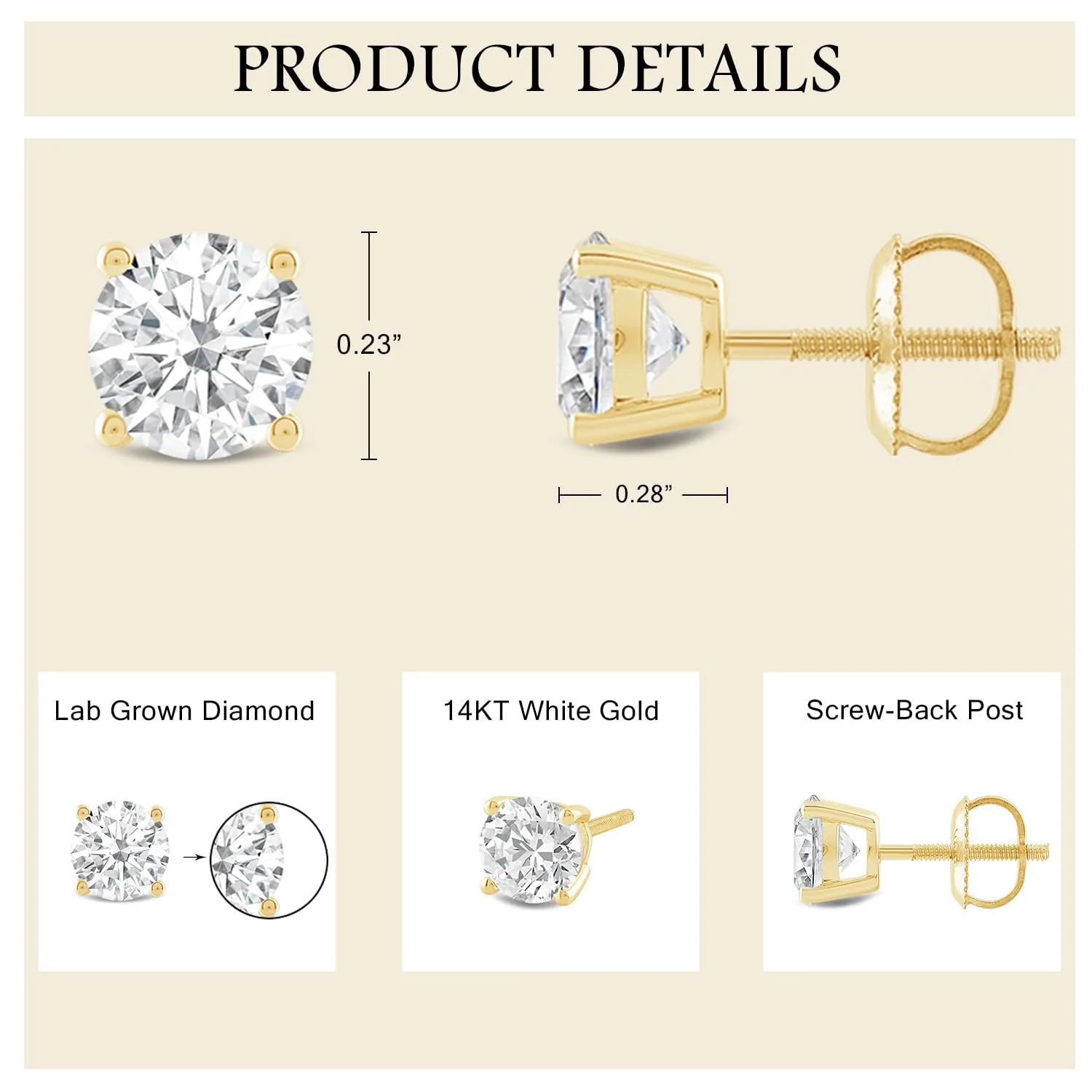 Everyday Elegance 14K Solid Yellow Gold Classic Four Prong Stud Earrings | Round Cut Lab Grown Diamond | Screw Back Posts | 3.0 CTW (E-F Color, VS2-SI1 Clarity) | With Gift Box