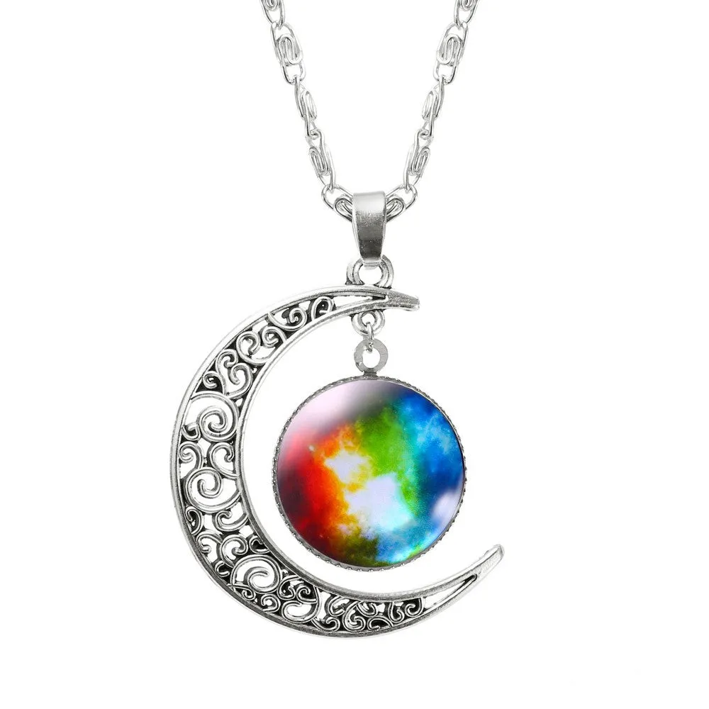 Fashion Lovely Jewelry Choker Glass Galaxy Moon Necklace Silver Chain Necklace