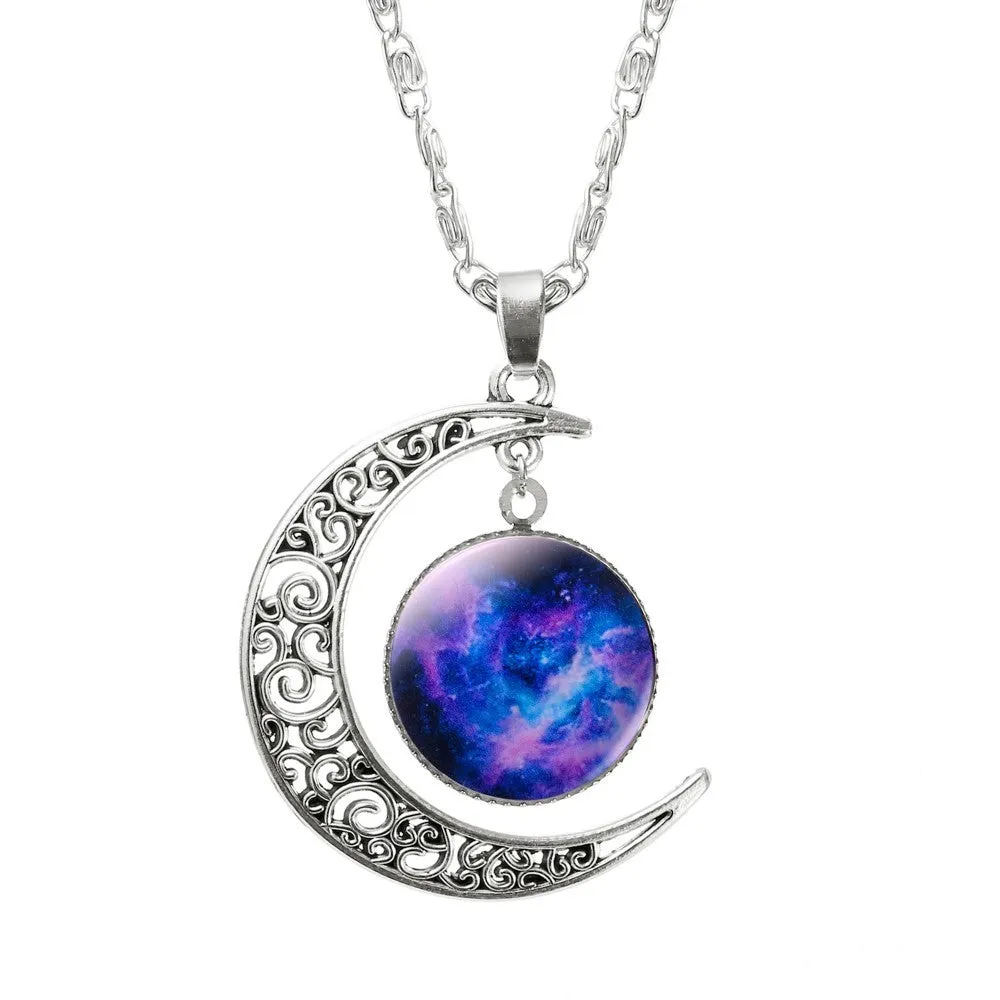 Fashion Lovely Jewelry Choker Glass Galaxy Moon Necklace Silver Chain Necklace