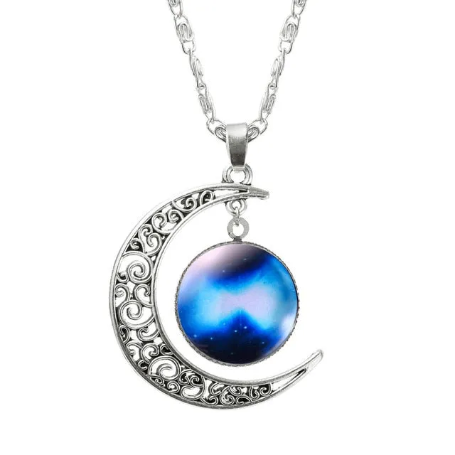 Fashion Lovely Jewelry Choker Glass Galaxy Moon Necklace Silver Chain Necklace