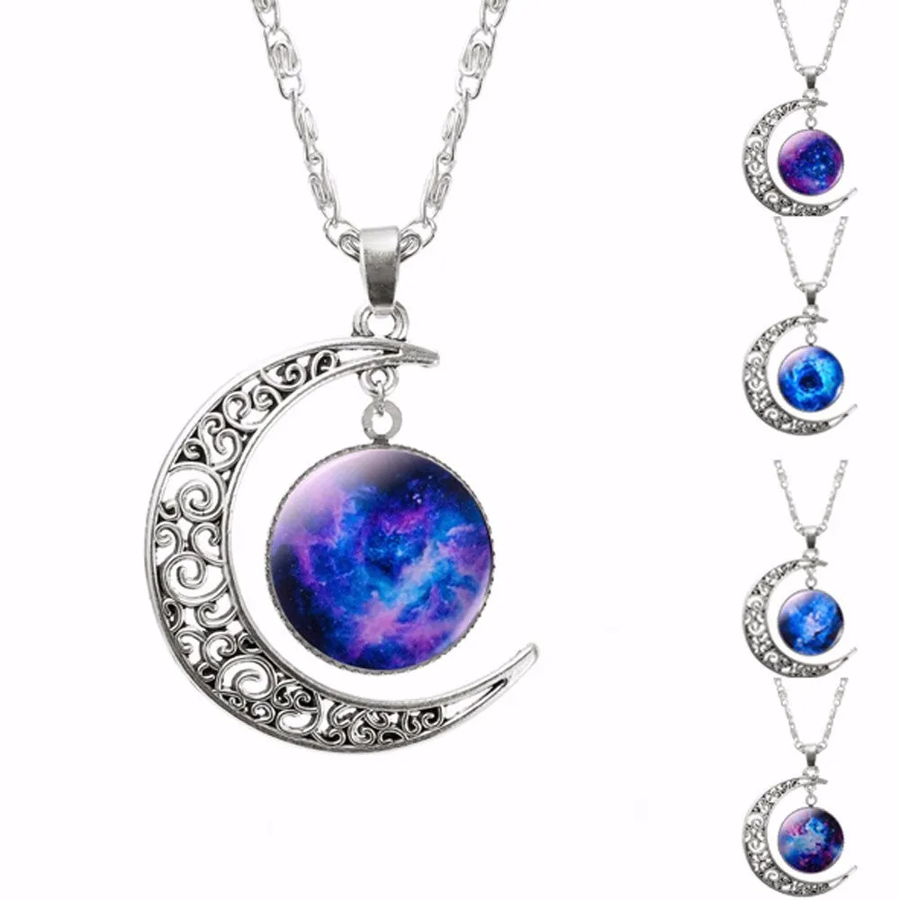 Fashion Lovely Jewelry Choker Glass Galaxy Moon Necklace Silver Chain Necklace