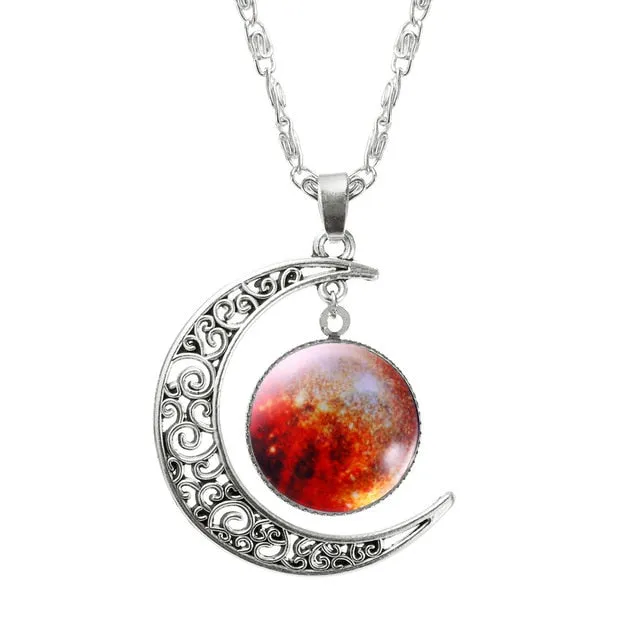 Fashion Lovely Jewelry Choker Glass Galaxy Moon Necklace Silver Chain Necklace