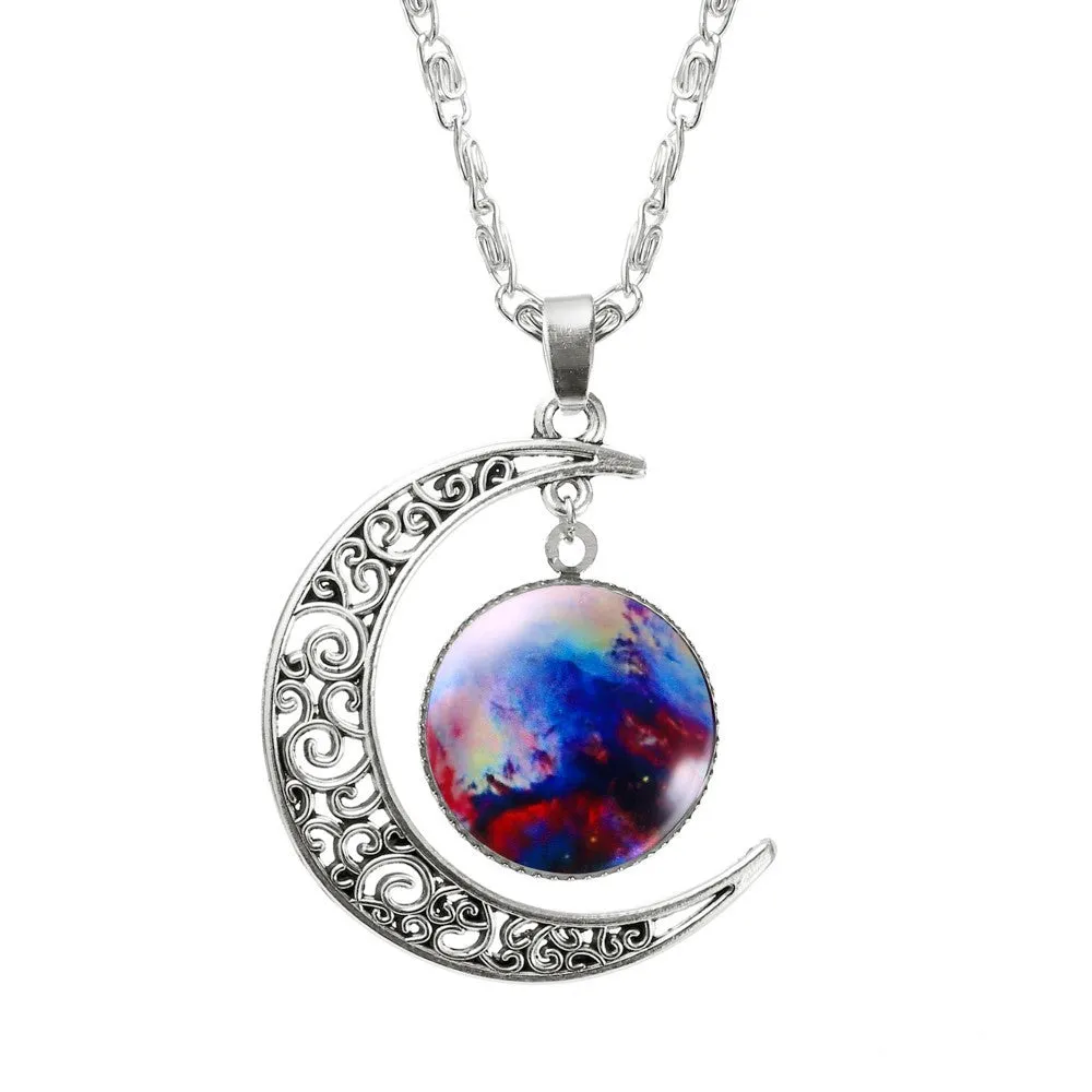 Fashion Lovely Jewelry Choker Glass Galaxy Moon Necklace Silver Chain Necklace