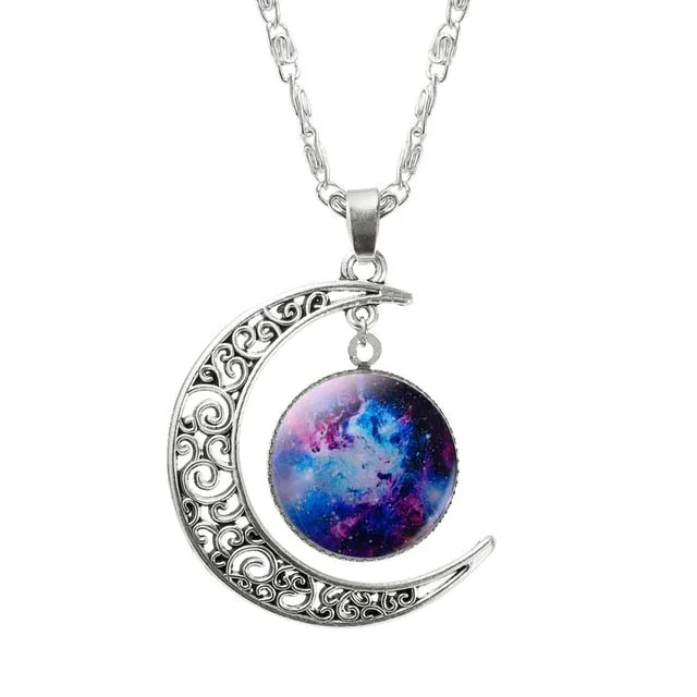 Fashion Lovely Jewelry Choker Glass Galaxy Moon Necklace Silver Chain Necklace