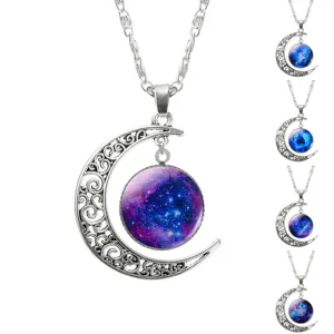 Fashion Lovely Jewelry Choker Glass Galaxy Moon Necklace Silver Chain Necklace