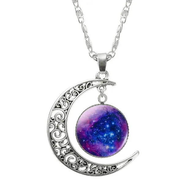 Fashion Lovely Jewelry Choker Glass Galaxy Moon Necklace Silver Chain Necklace