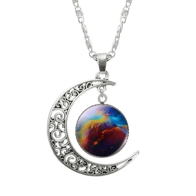 Fashion Lovely Jewelry Choker Glass Galaxy Moon Necklace Silver Chain Necklace