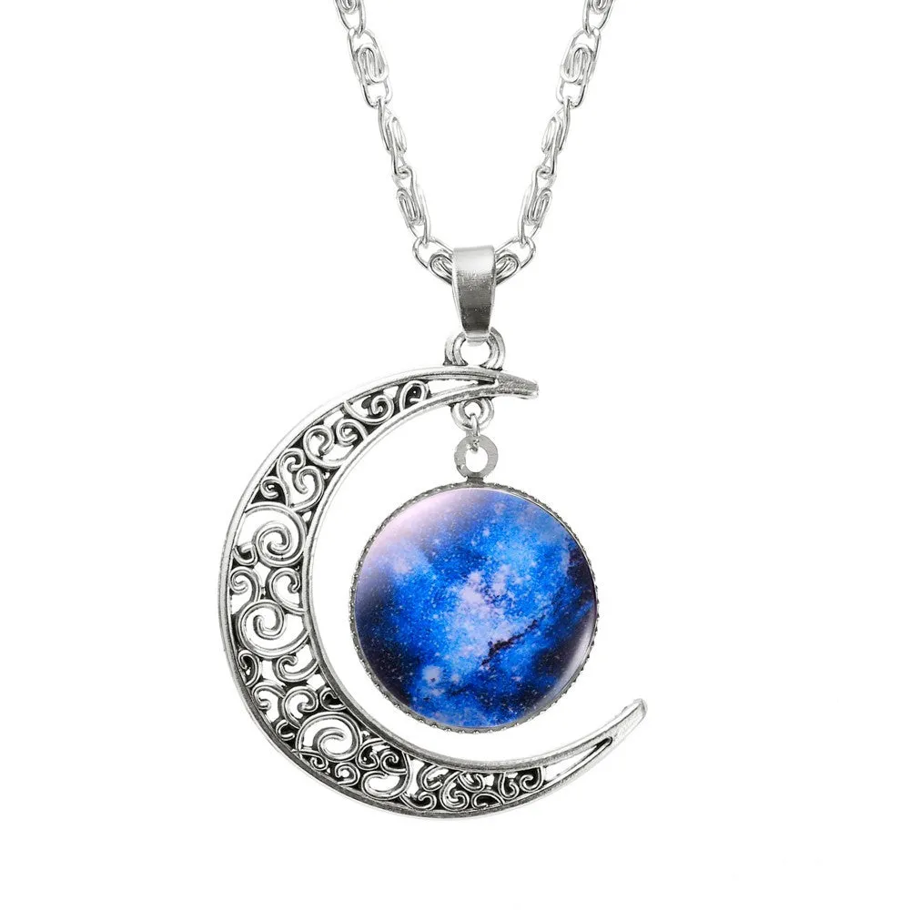 Fashion Lovely Jewelry Choker Glass Galaxy Moon Necklace Silver Chain Necklace