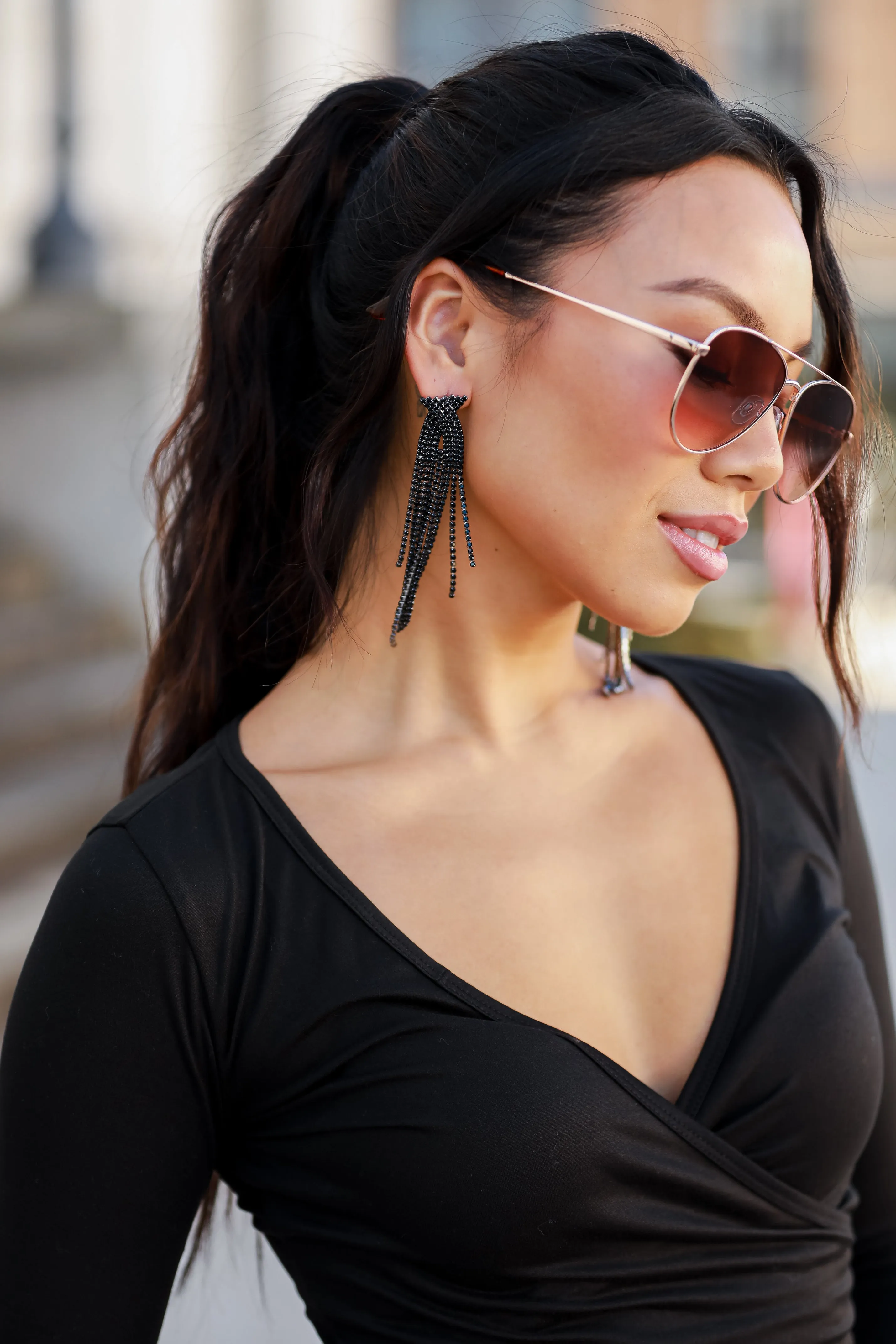 FINAL SALE - Dakota Black Rhinestone Fringe Earrings