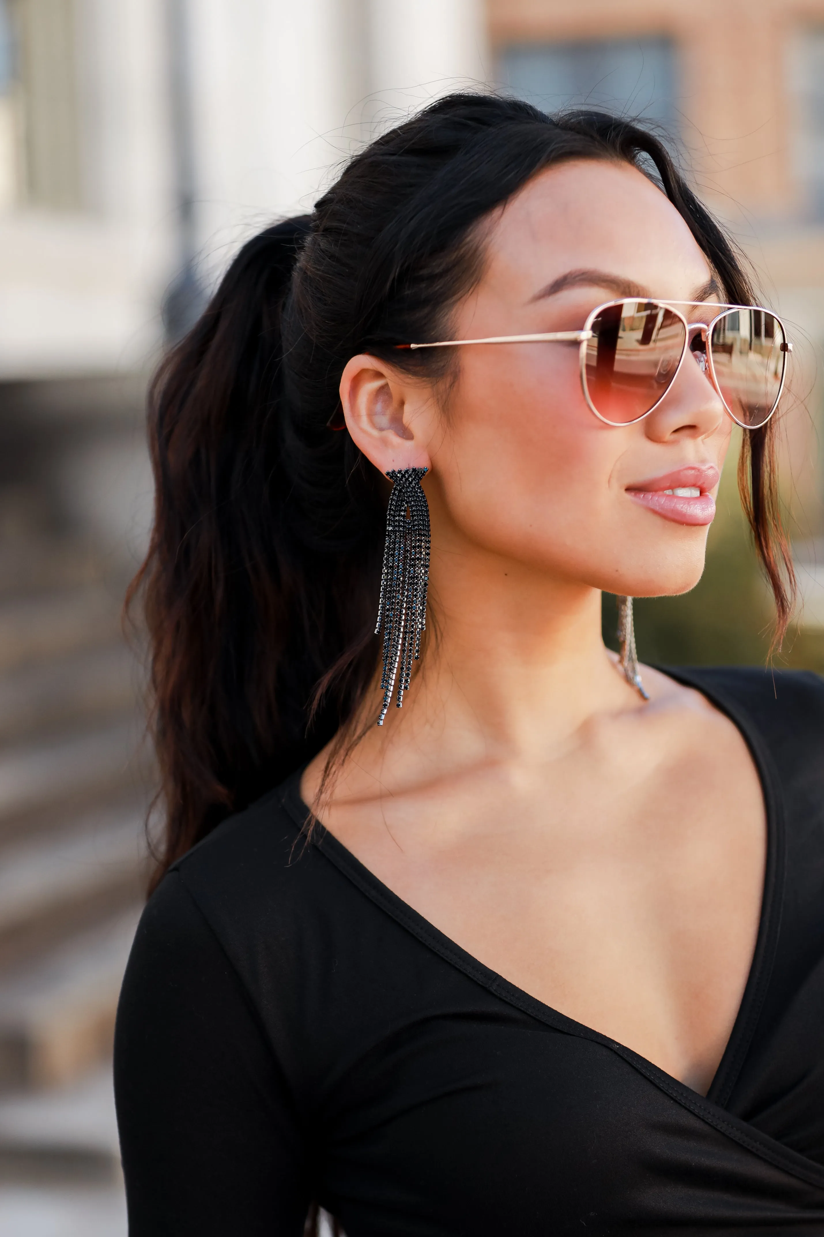 FINAL SALE - Dakota Black Rhinestone Fringe Earrings