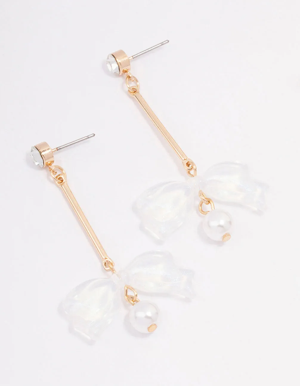 Gold Diamante Acrylic Bow Drop Earrings