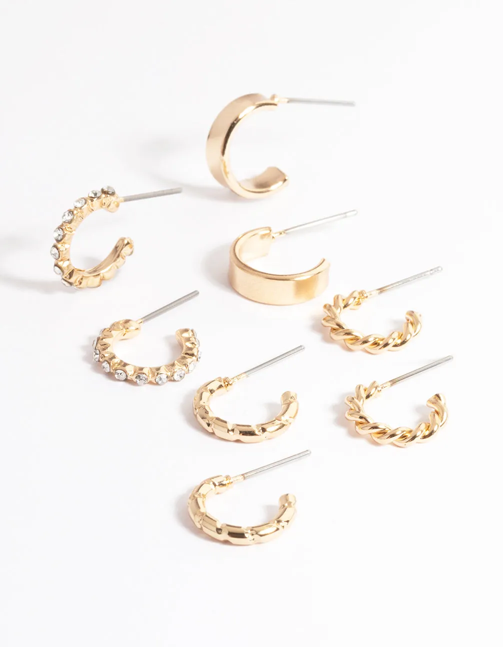 Gold Diamante & Plain Hoop Earrings 4-Pack