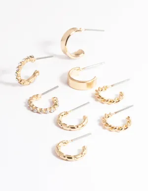 Gold Diamante & Plain Hoop Earrings 4-Pack