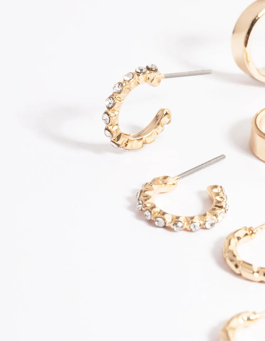 Gold Diamante & Plain Hoop Earrings 4-Pack