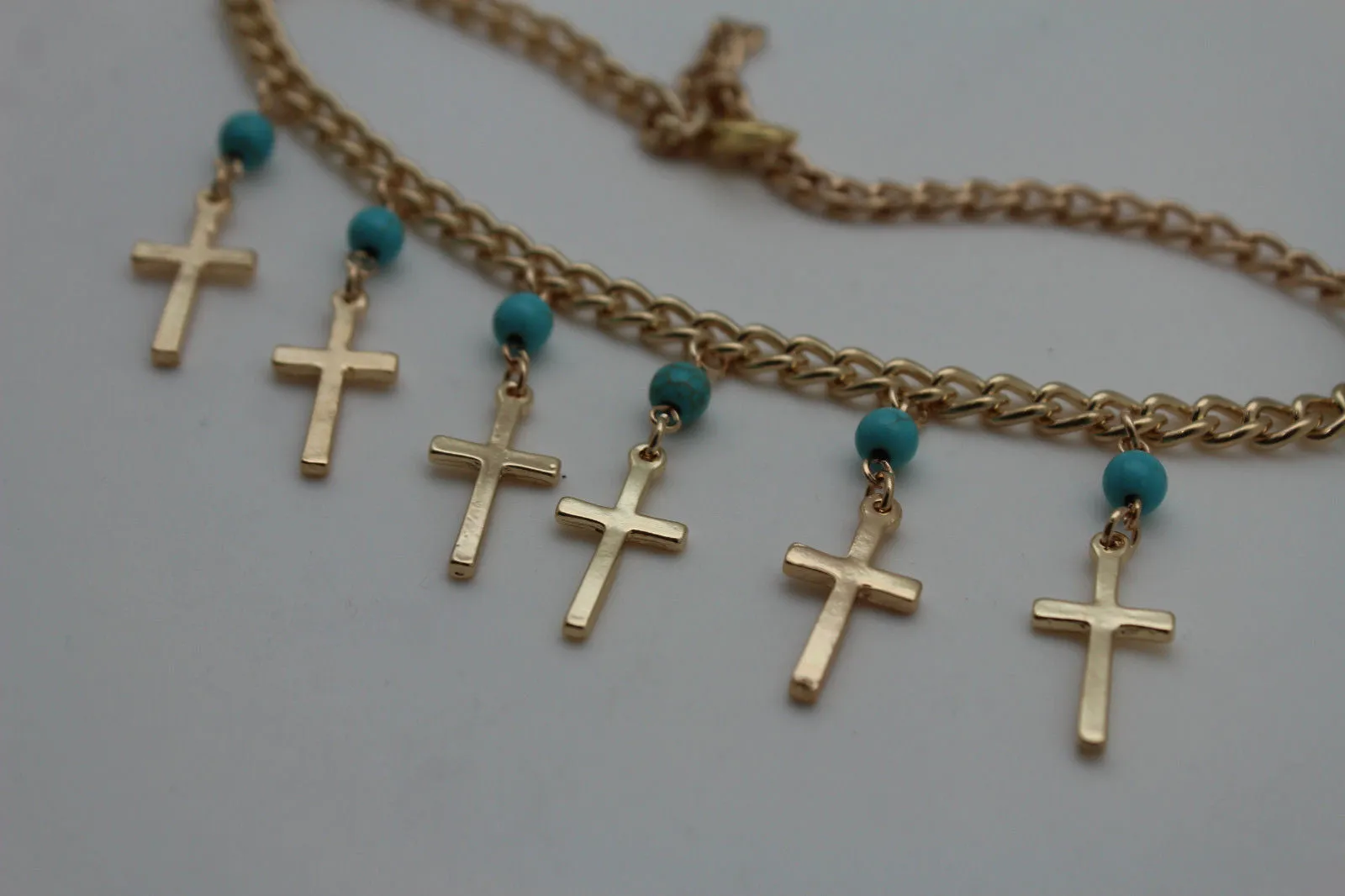 Gold Metal Turquoise Blue Crosses Anklet Shoe Charm Boot Chains Bracelet