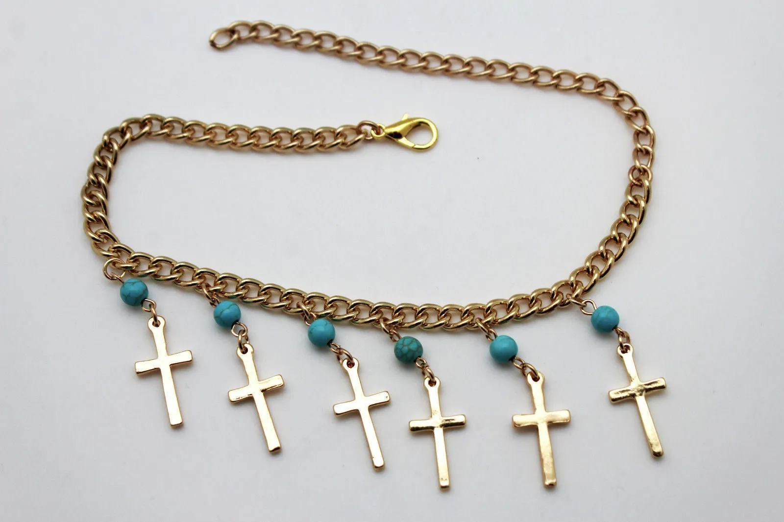 Gold Metal Turquoise Blue Crosses Anklet Shoe Charm Boot Chains Bracelet