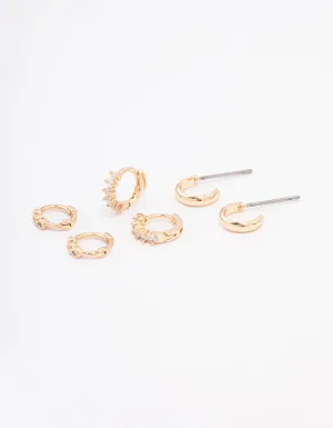 Gold Mixed Diamante Huggie Hoop Earring 3-Pack