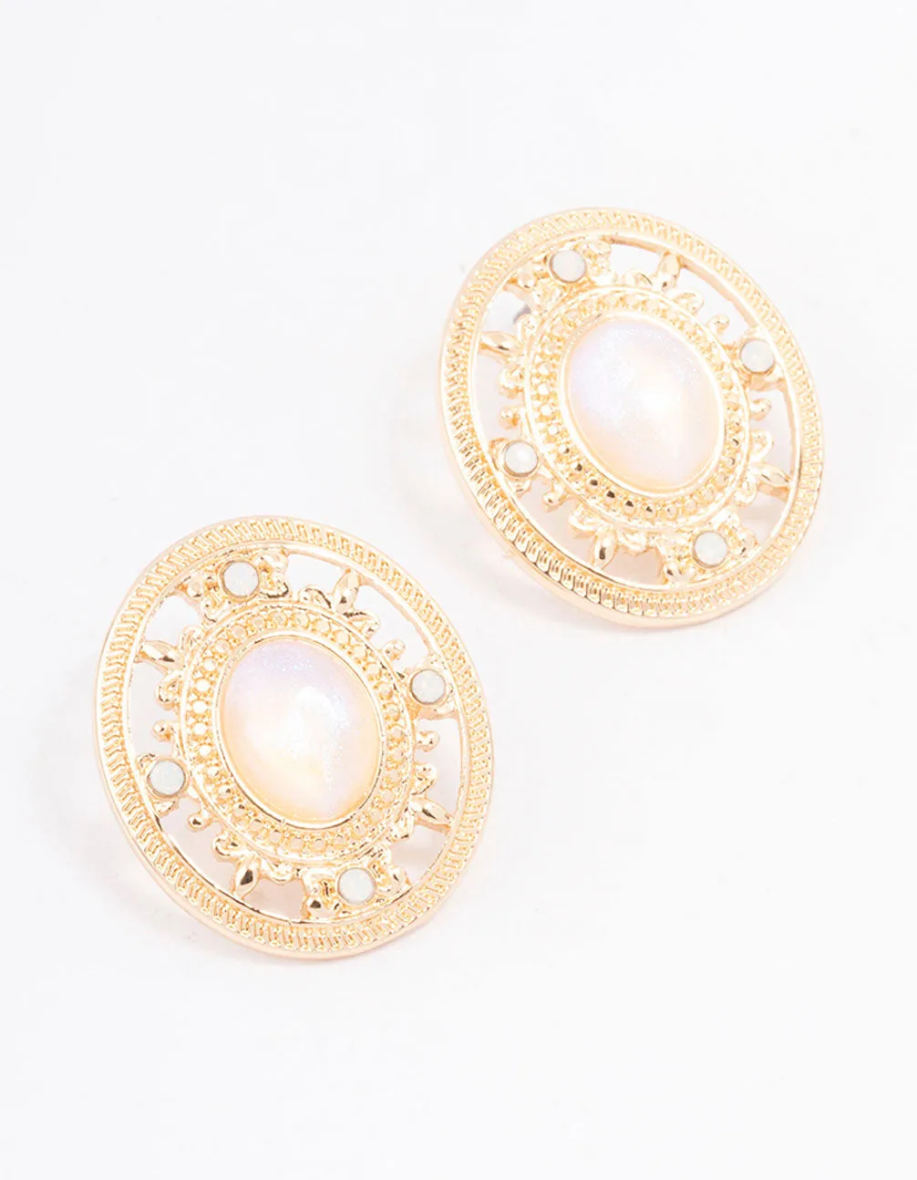 Gold Oval Ornate Stud Earrings