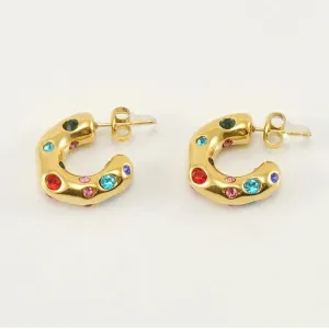 Gold-Plated Stainless Steel Hoop Earrings with Cubic Zirconia Gemstones