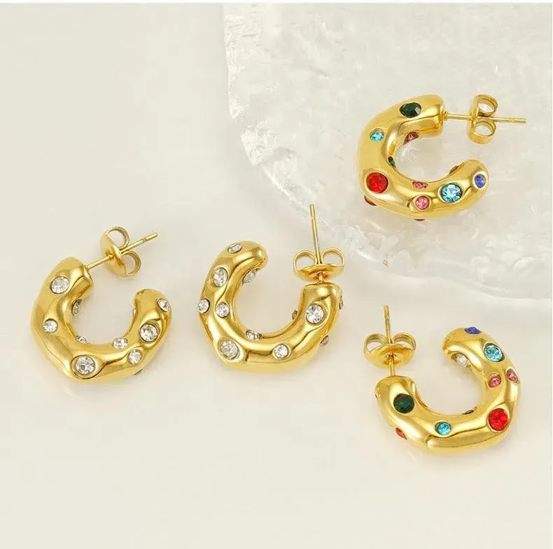 Gold-Plated Stainless Steel Hoop Earrings with Cubic Zirconia Gemstones