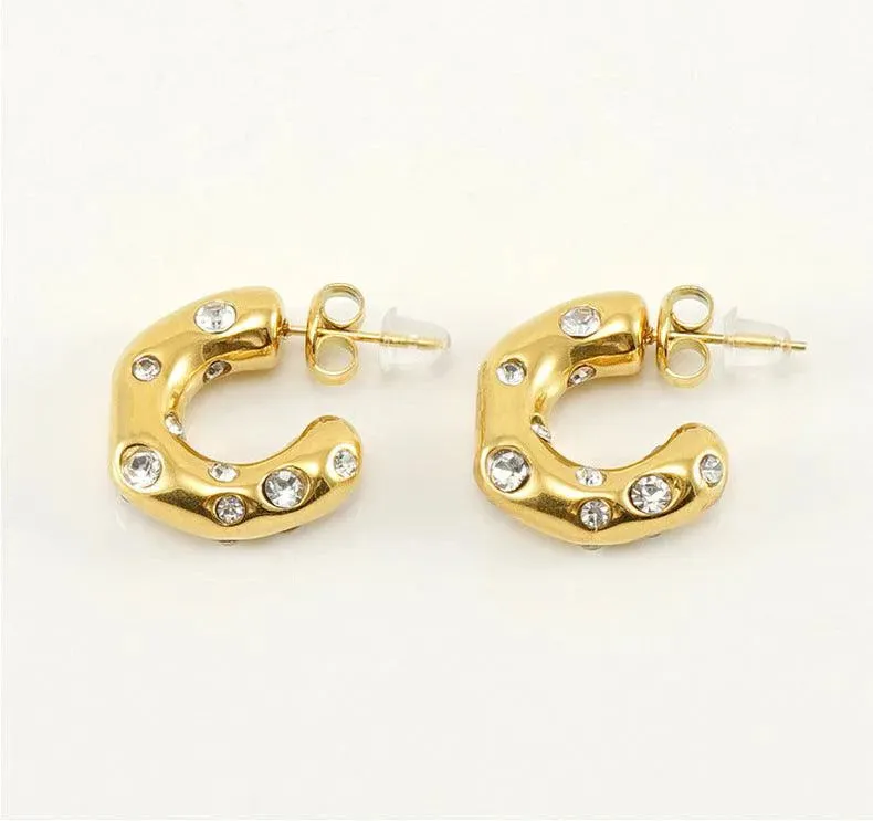 Gold-Plated Stainless Steel Hoop Earrings with Cubic Zirconia Gemstones