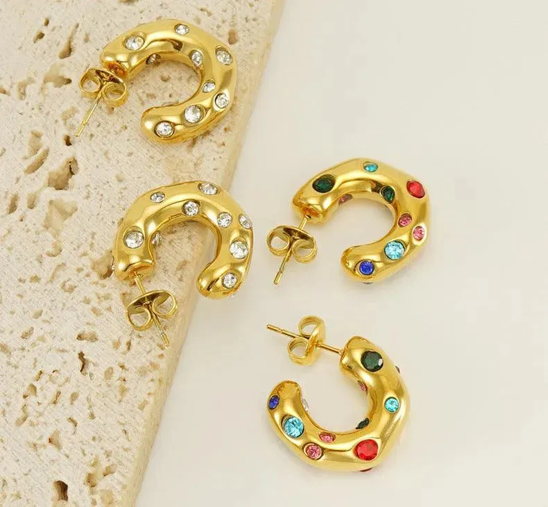 Gold-Plated Stainless Steel Hoop Earrings with Cubic Zirconia Gemstones