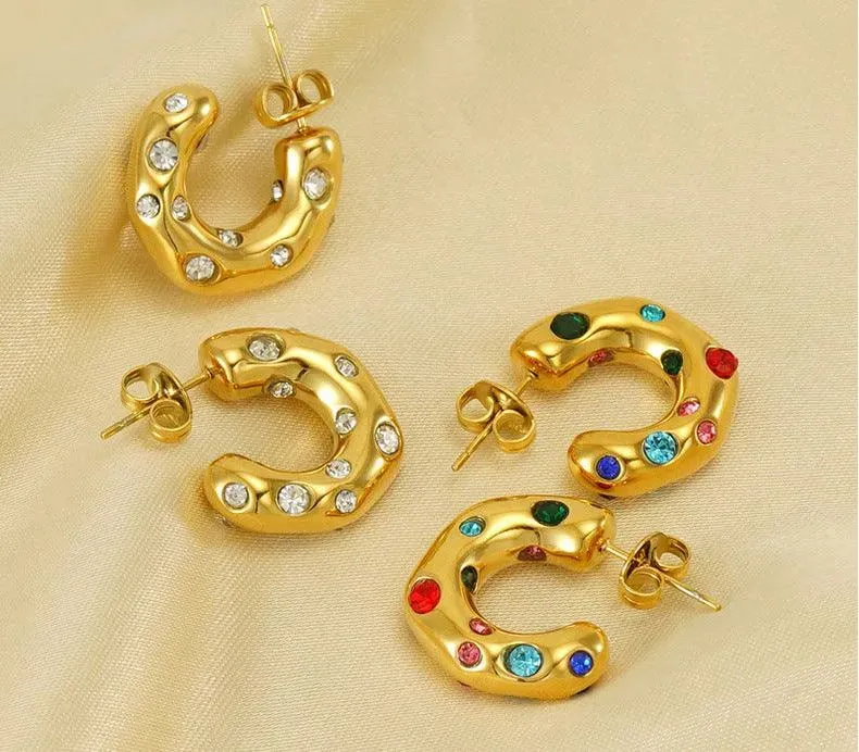 Gold-Plated Stainless Steel Hoop Earrings with Cubic Zirconia Gemstones