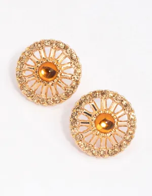 Gold Round Diamante Stud Earrings