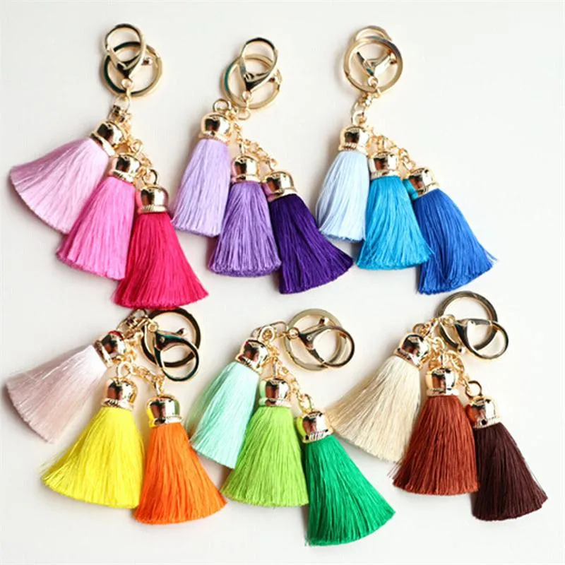 Hot selling Colorful Key Chain Bag AccessoriesIce Silk Tassel Pompom Car Keychain Handbag Key Ring