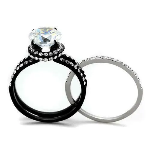 Jewellery Kingdom Cubic Zirconia Black Bands Solitaire Ladies Engagement Wedding Ring Set