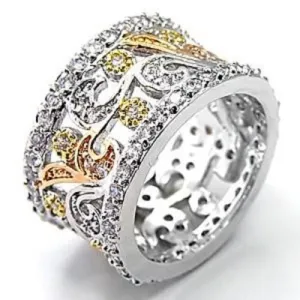 Jewellery Kingdom Ladies Wide Band 10mm Ring Rose Gold Yellow Cz Full Eternity Silver Rhodium