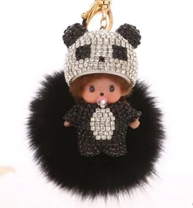 KIKI fur ball pompom plated keychain crystal Monchichi Key Chain Real rabbit Fur Pom pom Women Handbag car charm Pendant