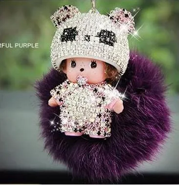 KIKI fur ball pompom plated keychain crystal Monchichi Key Chain Real rabbit Fur Pom pom Women Handbag car charm Pendant