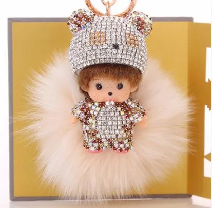 KIKI fur ball pompom plated keychain crystal Monchichi Key Chain Real rabbit Fur Pom pom Women Handbag car charm Pendant