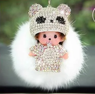 KIKI fur ball pompom plated keychain crystal Monchichi Key Chain Real rabbit Fur Pom pom Women Handbag car charm Pendant