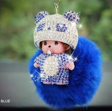 KIKI fur ball pompom plated keychain crystal Monchichi Key Chain Real rabbit Fur Pom pom Women Handbag car charm Pendant