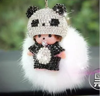 KIKI fur ball pompom plated keychain crystal Monchichi Key Chain Real rabbit Fur Pom pom Women Handbag car charm Pendant