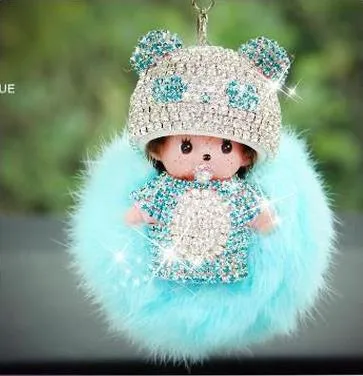 KIKI fur ball pompom plated keychain crystal Monchichi Key Chain Real rabbit Fur Pom pom Women Handbag car charm Pendant