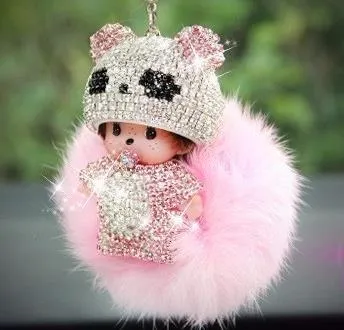 KIKI fur ball pompom plated keychain crystal Monchichi Key Chain Real rabbit Fur Pom pom Women Handbag car charm Pendant