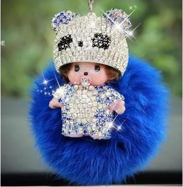 KIKI fur ball pompom plated keychain crystal Monchichi Key Chain Real rabbit Fur Pom pom Women Handbag car charm Pendant