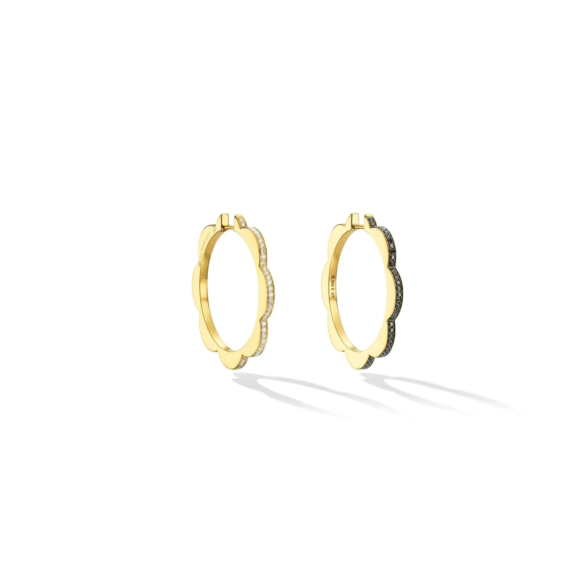 Large Yellow Gold Triplet Hoop Earrings with Black and White Diamonds