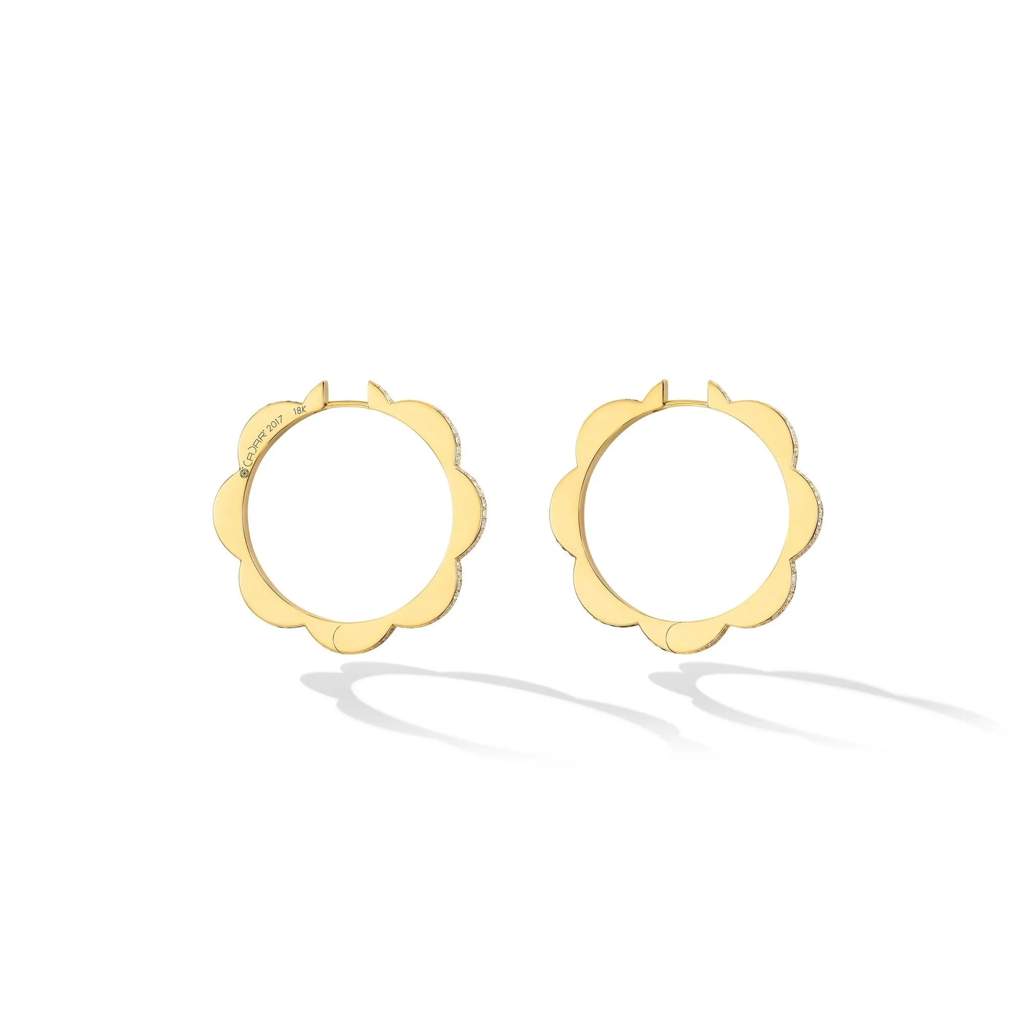 Large Yellow Gold Triplet Hoop Earrings with Black and White Diamonds