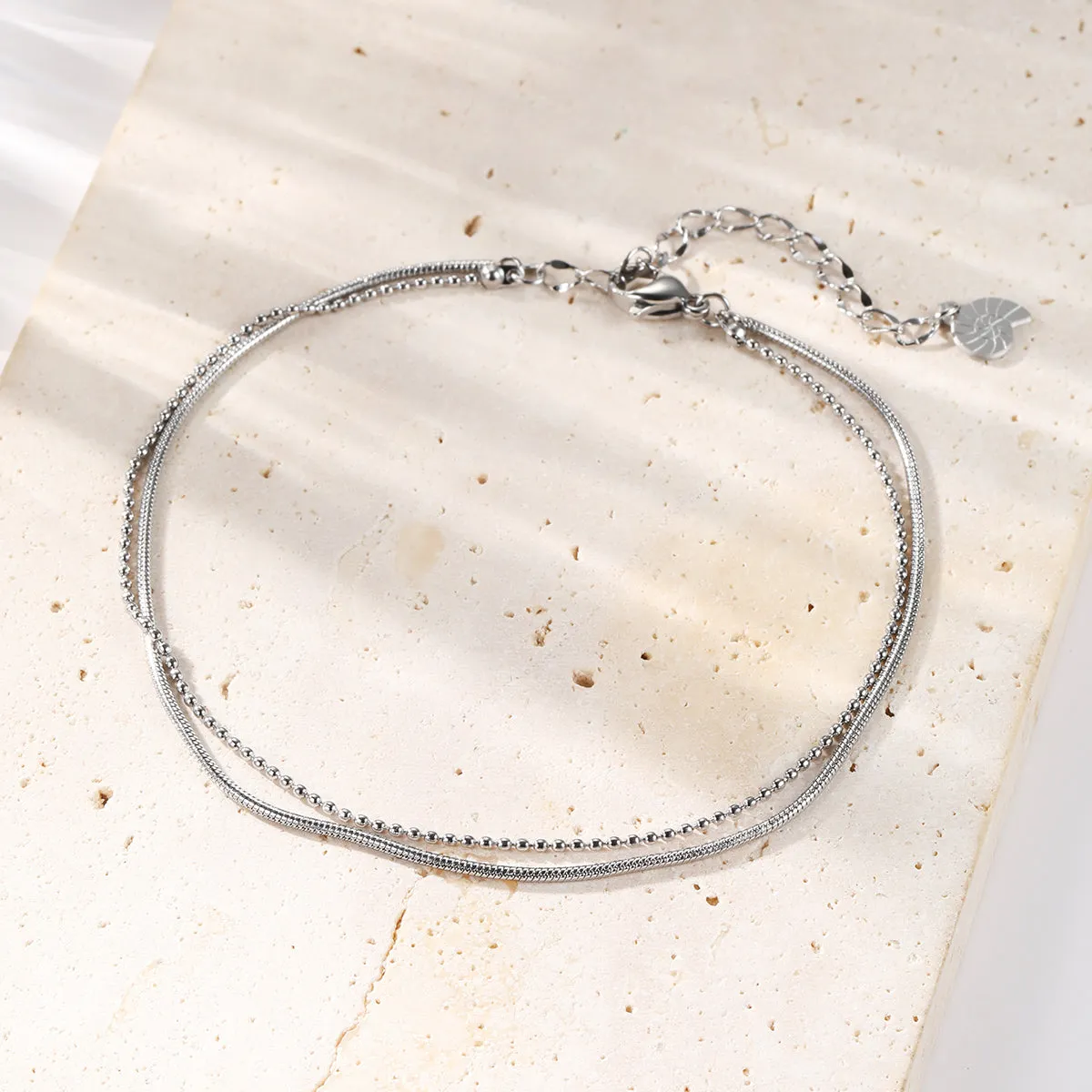 Layered Snake and Bead Chain Anklet Silver